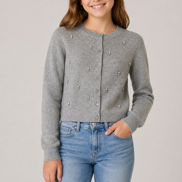 Crewcuts Other - J.Crew Collection Embellished Cardigan Sweater Cotton Holiday CD379 Grey 12 13